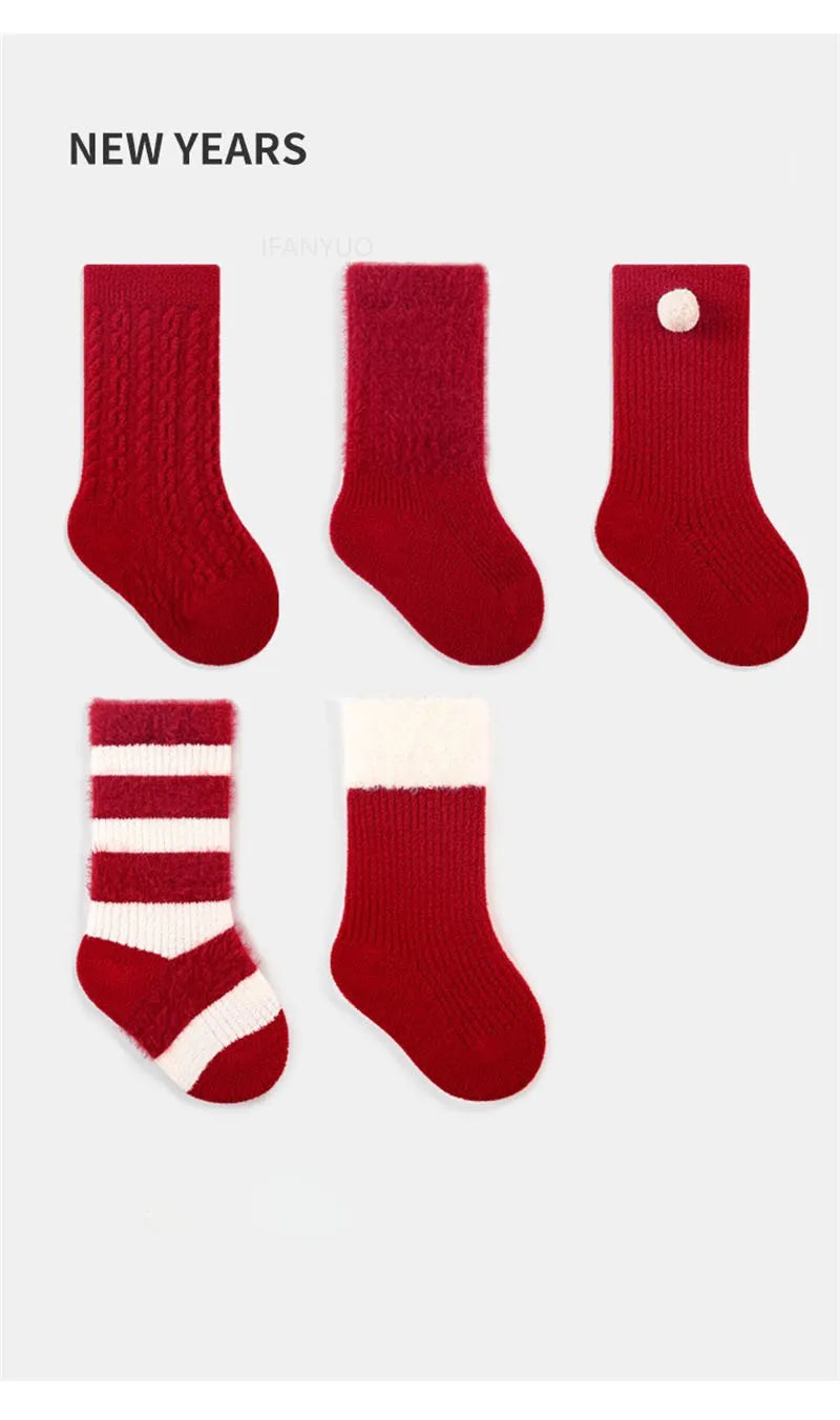 0-12Y Children Winter Plush Socks Christmas New Year Red Newborn Baby Toddler Socken Thicken Warm Boys Girls Children Stockings