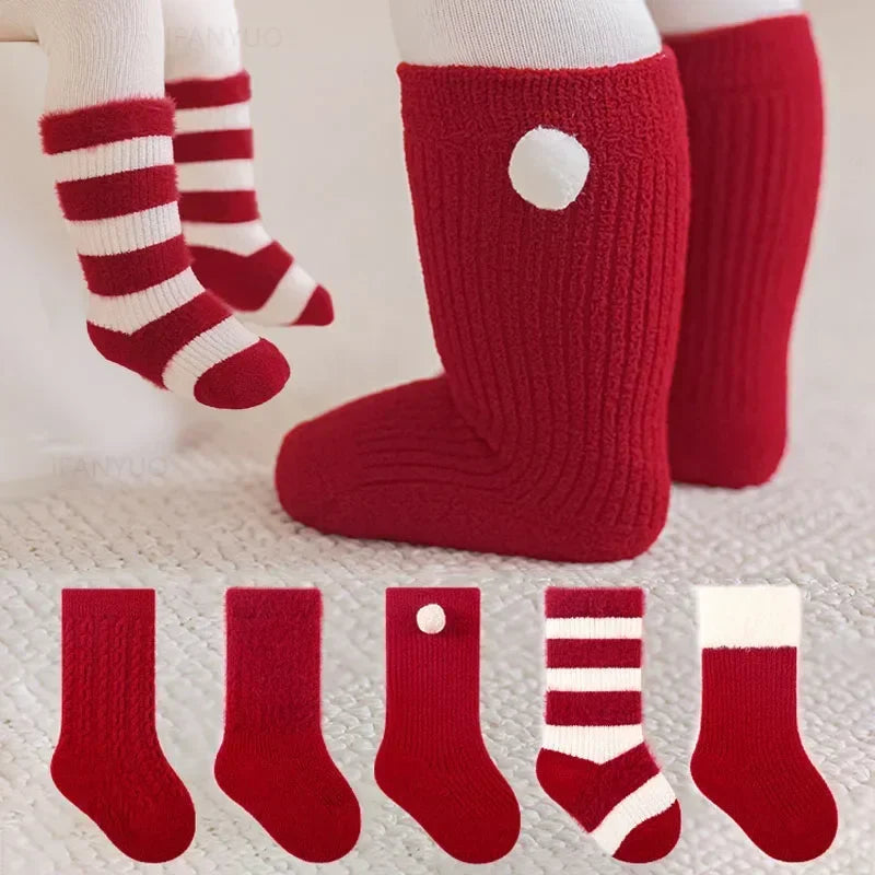 0-12Y Children Winter Plush Socks Christmas New Year Red Newborn Baby Toddler Socken Thicken Warm Boys Girls Children Stockings