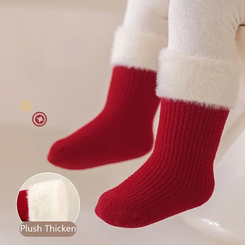 0-12Y Children Winter Plush Socks Christmas New Year Red Newborn Baby Toddler Socken Thicken Warm Boys Girls Children Stockings
