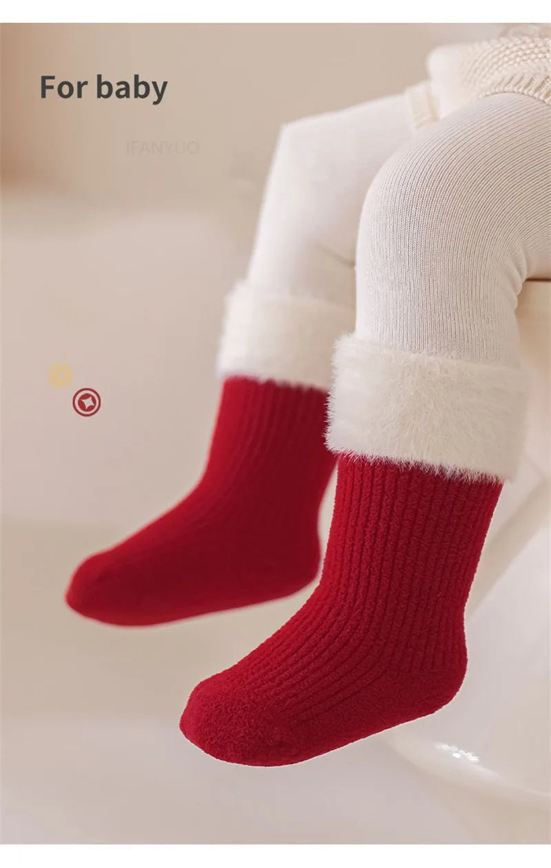 0-12Y Children Winter Plush Socks Christmas New Year Red Newborn Baby Toddler Socken Thicken Warm Boys Girls Children Stockings